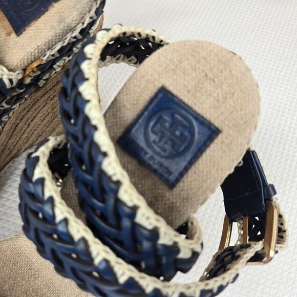 Tory Burch Lilah Wedge Espadrille Sandals Size 37.5 Us 7 Blue White - Picture 6 of 9